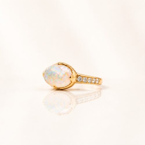 Yellow Gold Claw Setting Ethiopian Opal Cabochon Ring with White Diamond Accents