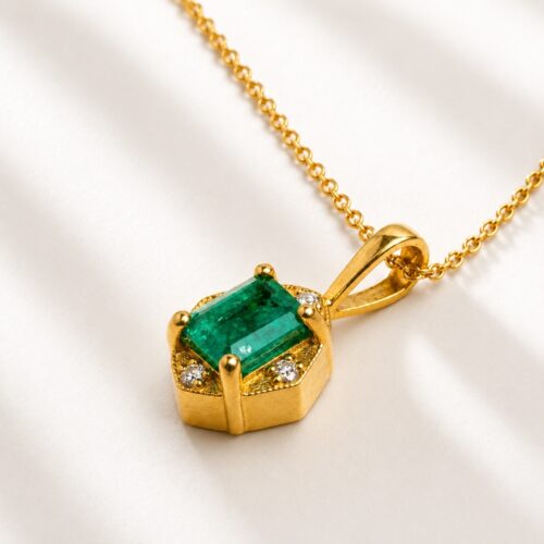 Yellow Gold Emerald and White Diamond "Compass" Pendant