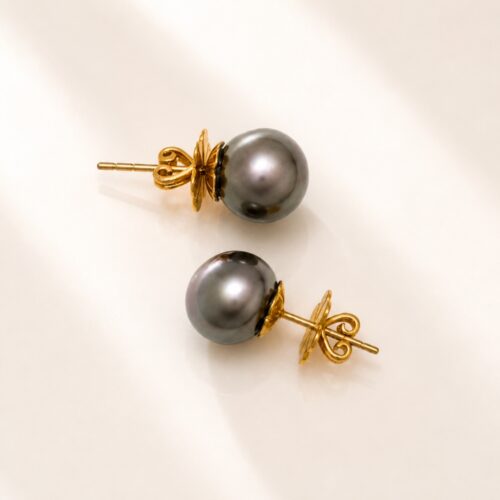 Yellow Gold Tahitian Black Pearl Stud Post Earring