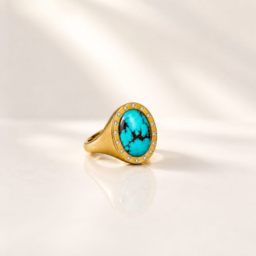 Yellow Gold Turquoise Cabochon Oval Bezel Ring with White Diamond Accents